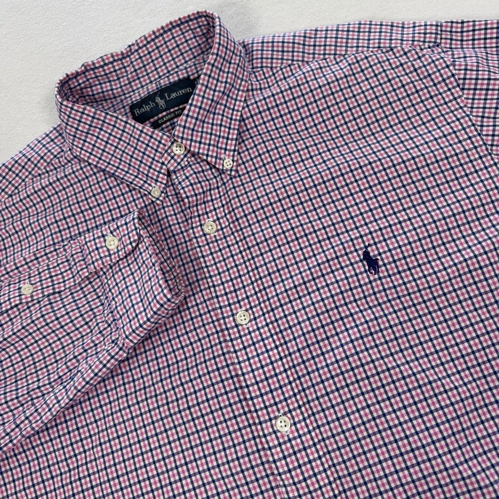 Polo Ralph Lauren Classic Fit Men's XL Pink Blue Check Long Sleeve Shirt